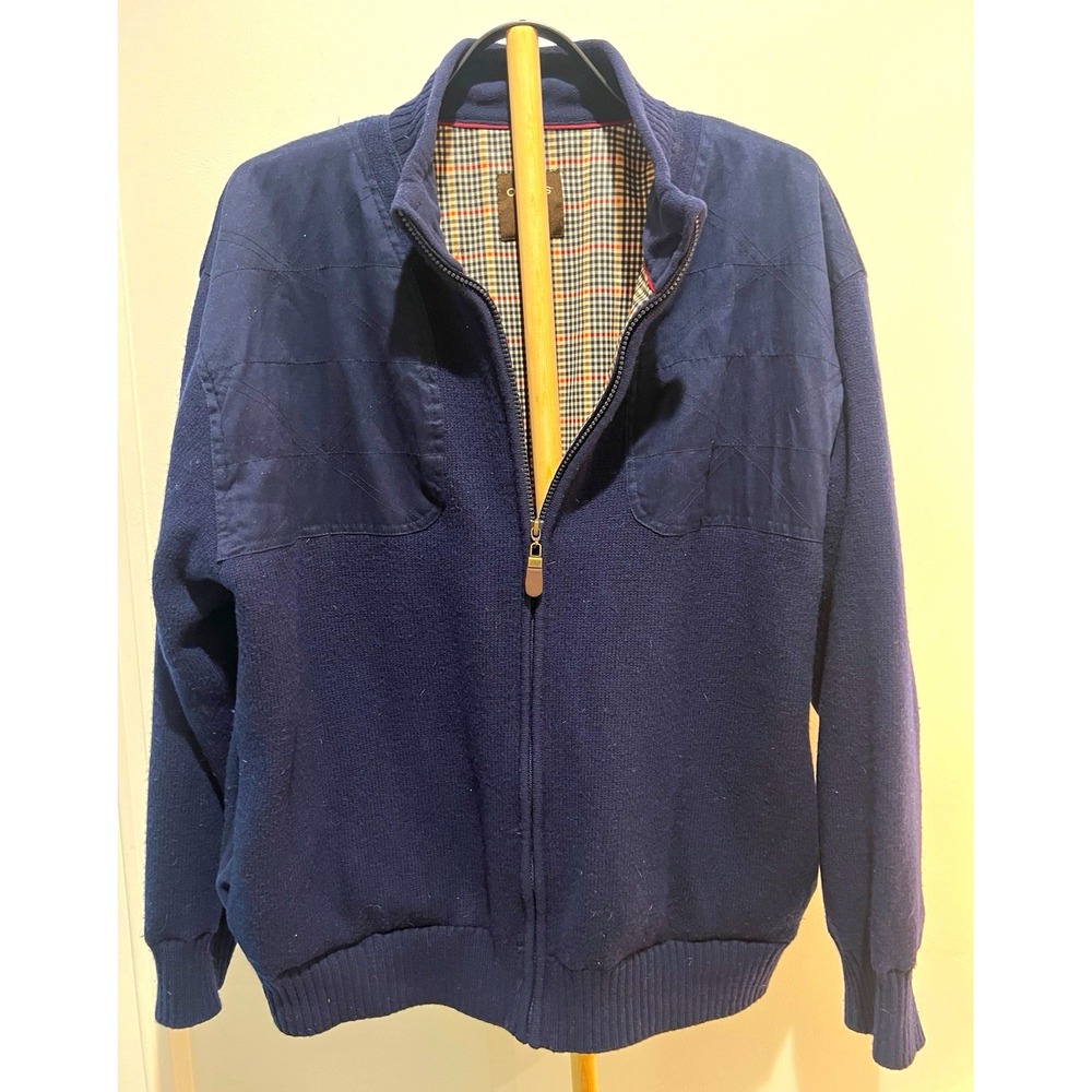 Orvis Sweater Jacket Mens XL Navy Blue Full Zip Quilted Shoulder Plaid Lined